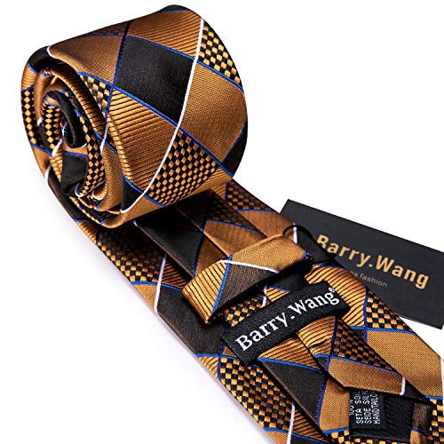 Image of Barry.Wang Plaid Ties Check Mens Necktie Set with Handkerchief Cufflinks Classic Stripe