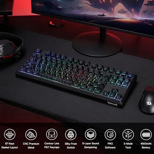 Image of Redragon K737 PRO Wireless 87 Keys Gasket Gaming Keyboard, 80% Premium CNC Aluminum Mechanical Keyboard, Hot-Swap South-Facing LED Socket, 5-Layer Noise Dampening, Side-Printed PBT Contour Line Keycap
