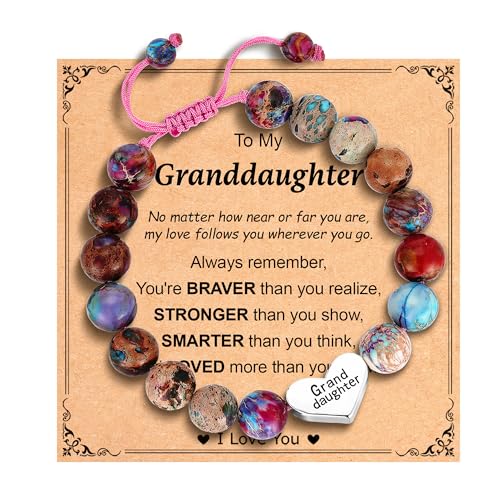Image of Granddaughter Daughter Gifts -Heart Natural Stone Beaded Bracelet for Girls, Valentines Birthday Gifts for Girls Daughter Granddaughter