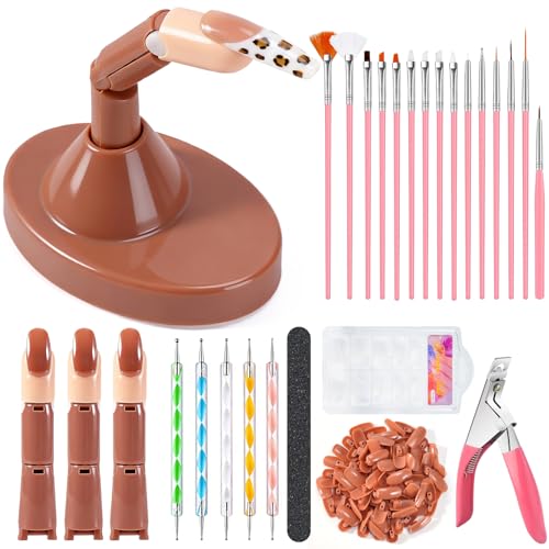 Practice Fingers Kit 3PCS Nail Practice Hand Finger for Acrylic Nails 22PCS Nail Art Tools with 200PCS Nail Tips and Base Stand Practice Hand for Acrylic Nails Home Salon DIY Beginner (Brown)