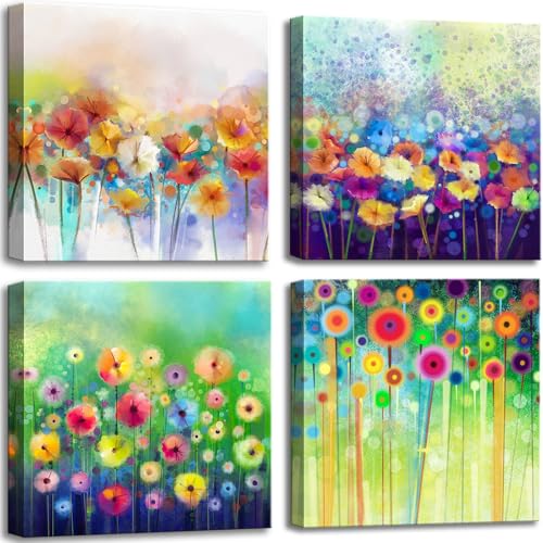 Image of Colorful Flowers Canvas Wall Art, Abstract Floral Artwork Painting Prints Modern Watercolor Pictures Framed for Living Room Bedroom Bathroom Office Home Decor - 12 inchx12 inch