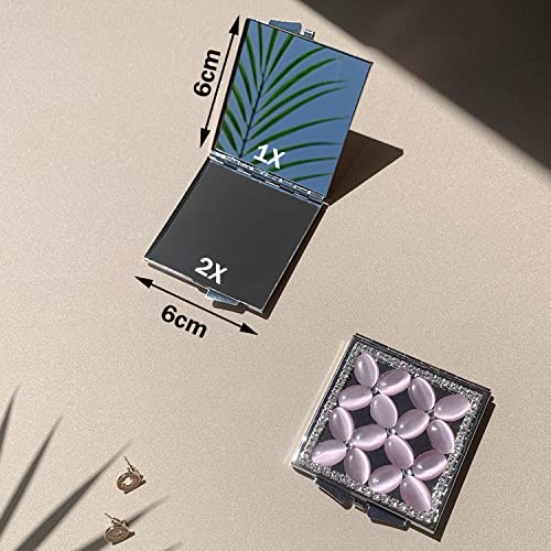 Amanman Portable Mirror Square Small Mirror For Purse Compact Mirror With Purple Cat's Eye Stone 2-Sided Mini Mirror (Purple Flower) #TOP5