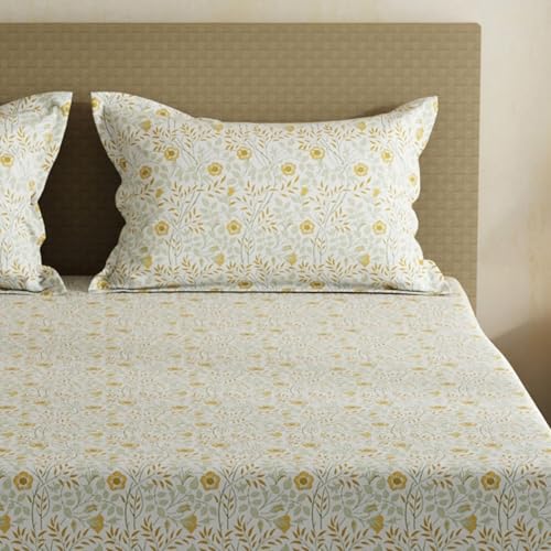 Image of Layers 100% Cotton Bedsheet for Double Size Bed | Lumina Floret Collection | 144 TC Soft & Breathable | Floral Print with 2 Pillow Covers | Wrinkle Free & Colorfast | 3 Piece Bedding Set - Yellow