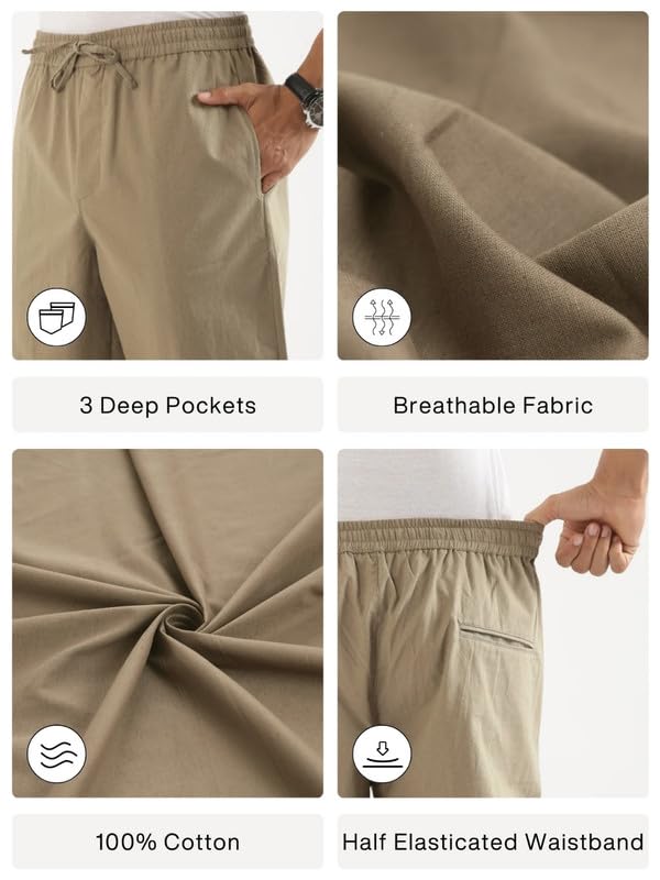 Image of SAADAA Men's 100% Cotton Pants | Mid-Rise Straight Fit Casual Trousers with Elastic Waistband and 3 Pockets | Everyday Wear