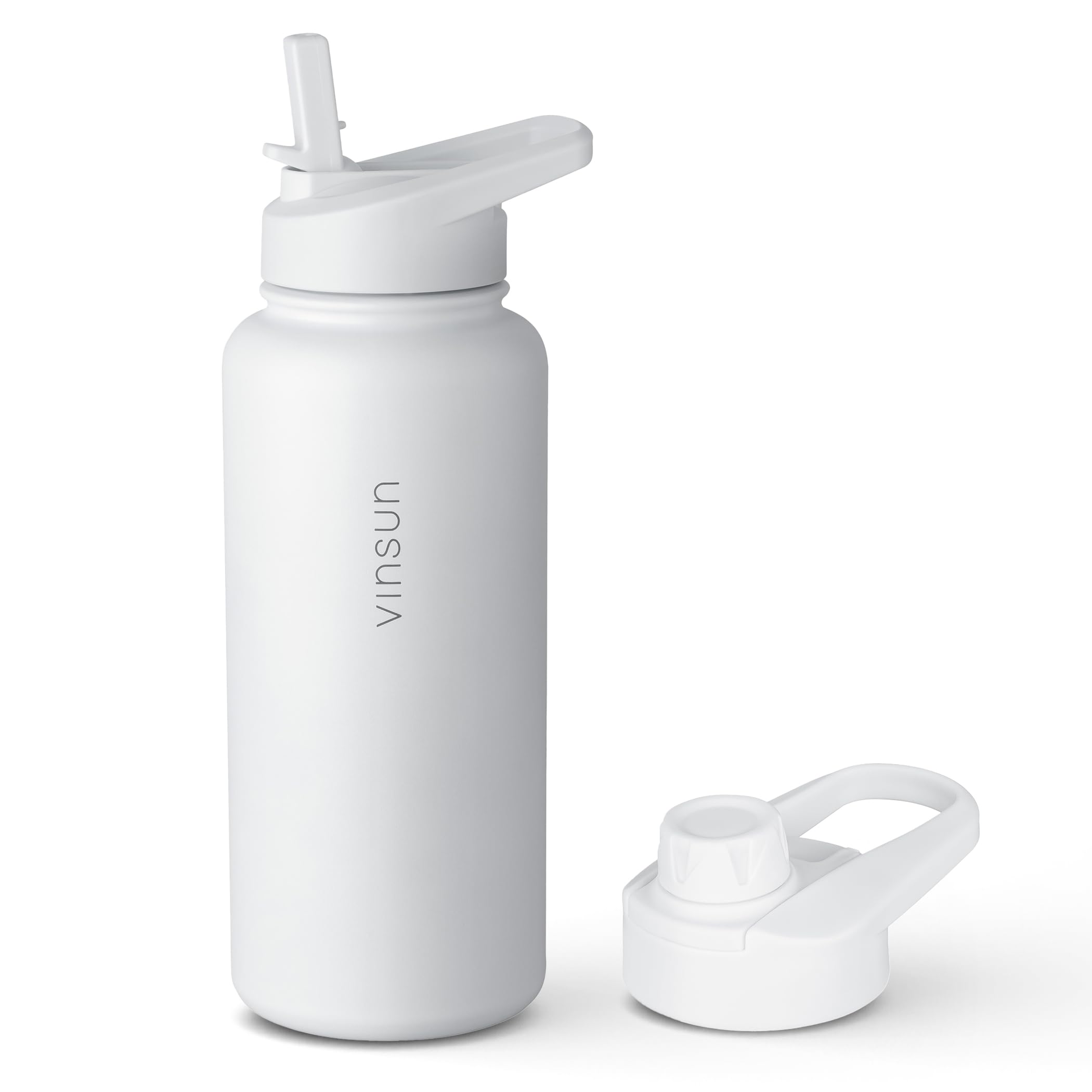 Vinsun Trinkflasche Edelstahl weiß 1L - Strohhalm, Trinköffnung - auslaufsicher, Kohlensäure geeignet, BPA frei - Thermosflasche Sport, Outdoor, Schule, Uni, Fahrrad, Büro, Gym