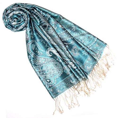 Lorenzo Cana Pashmina - Bufanda para palanca de cambios, tejido jacquard 100% seda, diseño de cachemira, tela de seda, pashmina de seda, multicolor 70 x 190 cm, Azul-turquesa-blanco, Talla única