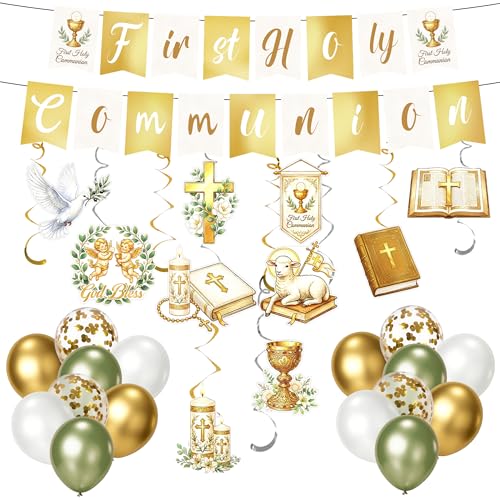First Holy Communion Decorations Confirmation Banner Hanging Swirls Balloons Gold White Green Religious Party Supplies for Boys Girls Baptism Baby Shower Confirmation Christening Decorations