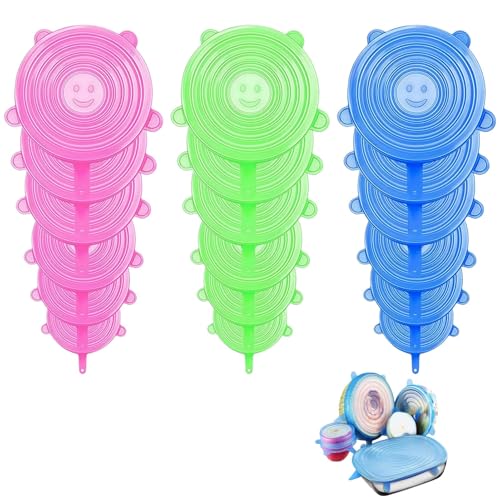 Silikondeckel Dehnbar 18 Stück, 6 Verschiedene Größen Silikon Deckel Set Wiederverwendbare Silikondeckel Extra Reißfeste Stretch Deckel für Gläser für Schüsseln Becher Dosen Obst