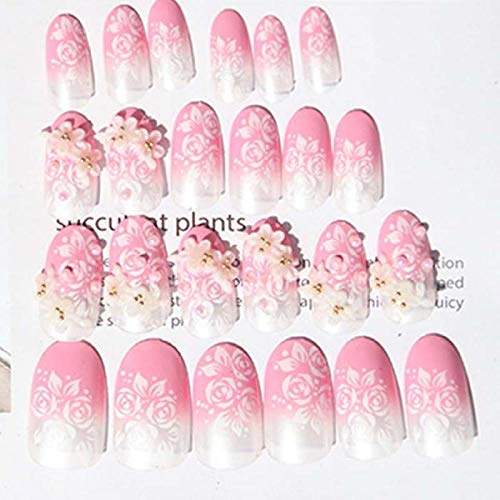 TJJF 24 Stück/Set Hochzeit Nageldekoration Falsche Nägel Für Braut Klar Rosa 3D Geschnitzte Blumen Designs Finger Fake… – Bild 3