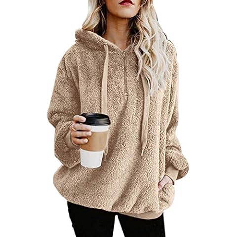 ReachMe Womens Oversized Sherpa Pullover Hoodie with Pockets Fuzzy Fleece Sweatshirt Plaid Fluffy Jacket Coat(A Khaki,M) Cover