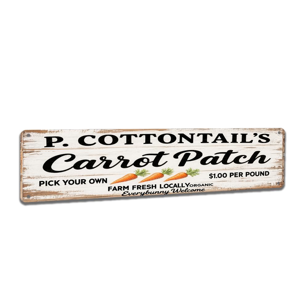 Peiyeety A006 P. Cottontail's Carrot Patch Vintage Metal Tin Sign, 4X16 Inch Rustic Easter Farm Themed Wall Decor, Retro Sign For Home, Garden, Waterproof Tin Sign, Durable Wall Art