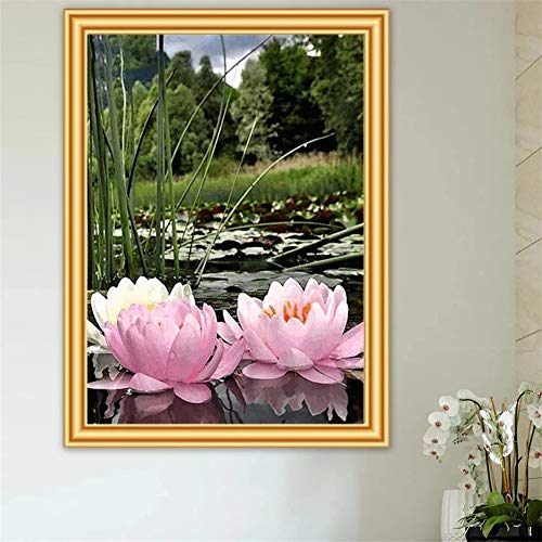 Kit diamant peinture complète lac fleurs roses grand format 70x90cm