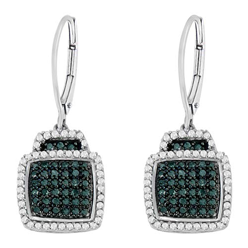 Black Rhodium over .925 Sterling Silver ¾ Cttw Blue and White Diamond Cushion Shaped Dangle Earrings (Enhanced Blue & I-J Color, I2-I3 Clarity)