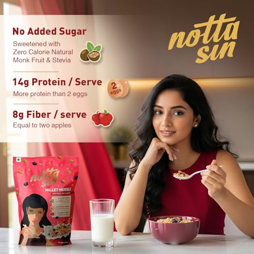 Image of Notta Sin Millet Muesli with Fruit, Nut & Seeds- High Protein Breakfast Cereal | No Added Sugar: Contains Zero Calorie Natural Monk Fruit & Stevia | High Fiber | Made with Jowar, Bajra & Ragi | 300g