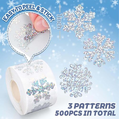 Image of 500Pcs Christmas Stickers Roll for Cards 3 Designs Silver Foil Snowflake Stickers Xmas Winter Holiday Adhesive Label Stickers Decal for Xmas Envelopes Invitations Cards Gifts Decor