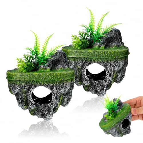 Image of Garneck 2Pcs Floating Island for Aquarium Decor: Resin Suspended Stone with Hideout Tunnel & Artificial Plants for Betta Guppy Shrimp Hermit Crabs Fish Tank Landscape Ornament