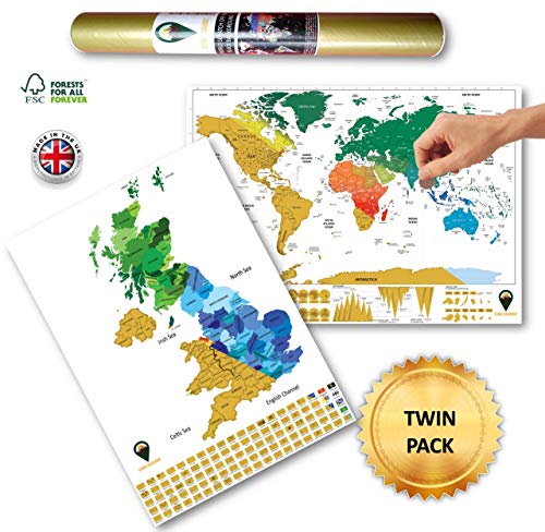 Global Walkabout Scratch Off World and UK Map with colours background - Deluxe Travel Size World and UK Map Poster - Countries and Facts - Travel Gift (White)