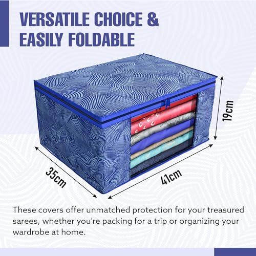Image of Kuber Industries Non-Woven Clothes Organizer For Wardrobe (Pack of 3) - Storage Organizer For Saree|Shirts|Salwaar Suit|Lehenga For Wardrobe - Saree Covers With Zip (Printed, Blue, 33 cm, 22 cm)
