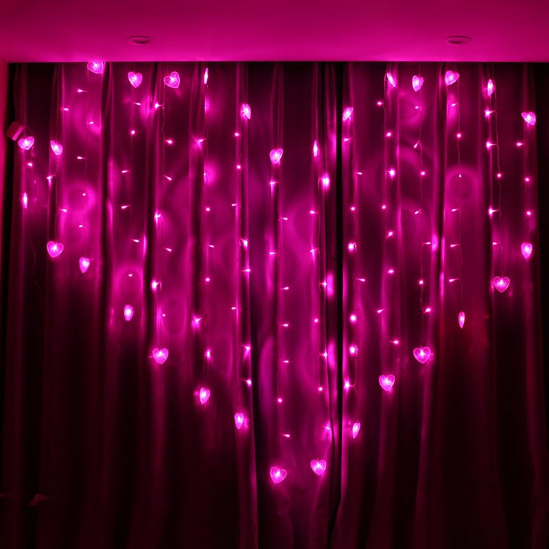 SHANJIA Heart-Shaped Curtain Light, 124 LED 124 LED 2M x 1.5M Fairy Curtain Light Heart-Shaped Chandelier USB Port for Party Bedroom Wedding Decorate (4cm, Pink)