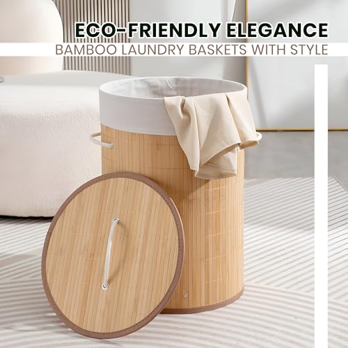Image of iBELL Foldable 72 Litre Round Bamboo Laundry Basket with Lid | Travel Essential cloth basket | Solid Laundry Basket | Toy storage organiser |(35.5L x 35.5W x 57H)