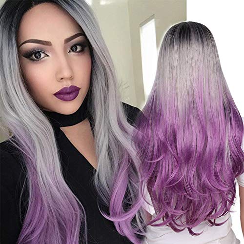 Women's 2 Tones Ombre Wig Mixed Color Losse Wavy Curl Long Natural Wavy Synthetic Hair Fabulous Curly Wigs for Party Costume Halloween Holiday Wigs (Black to Brown)