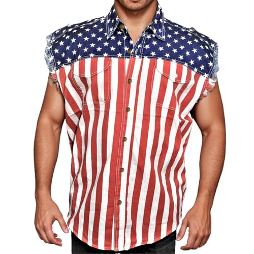 Image of Men's Denim Loose Fit Biker Vest Sleeveless Jacket Summer Retro Lapel American Flag Jean Jacket Shirt