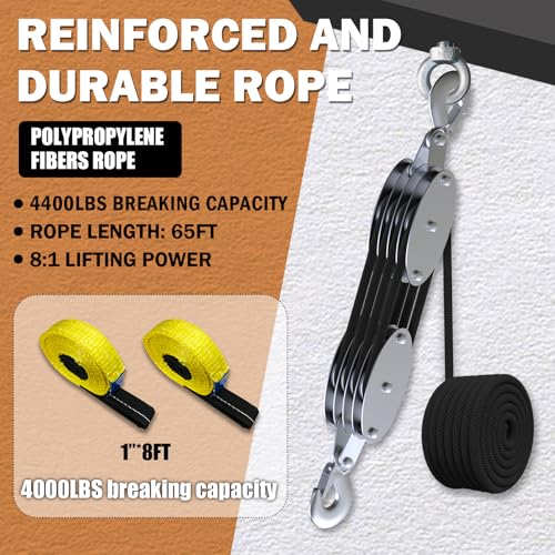 Rope Hoist Pulley System with Metal Bearing, 4400LB Pulley Block and Tackle, 8:1 Lifting Power 65ft, Heavy Duty Pulley Block for Hunting Lifting Garage Warehouses Building (with 2PCs Straps) - Image 5