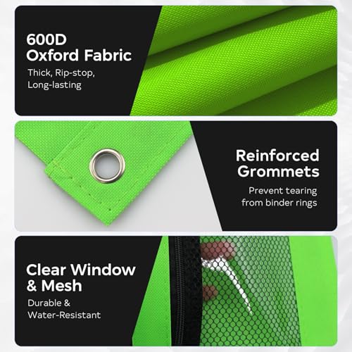 Image of 3 Ring Pencil Pouch for Binder, 2-Pocket Zipper Pencil Case with Clear Window & Mesh Pocket, 600D Oxford Fabric Binder Pouch for School Office Supplies, Fits Standard 3-Ring Binders, Green