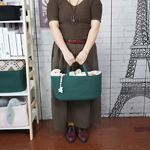 Image of XUANGUO Large Cotton Rope Baby Diaper Caddy Organizer Basket Dark Green | Nursery Storage Bin, Portable Baby Tote Bag for Changing Table or Car, Baby Shower Gifts Bag, Newborn Essentials, Registry