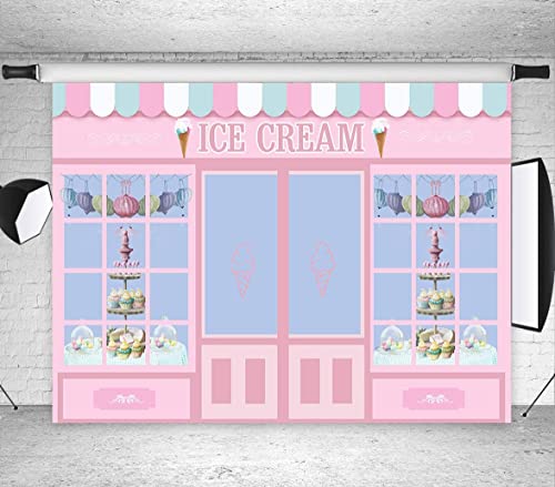 Fanghui 7x5FT Ice Cream Party Backdrop Cute Pink Photo Studio Parlor Door Window Cake Princess Birthday Party Banner Wallpaper Photography Backdrops for Picture - Thumbnail 2