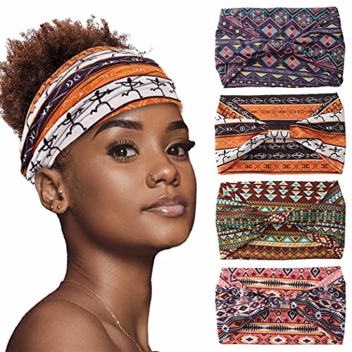 Aceorna African Headbands Boho Knotted Hairbands Stretch Wide Head Wraps Elastic Yoga Turban Hair Scarfs Workout Printed Hair Accessories for Women and Girls Pack of 4 (Style E)