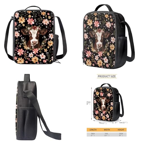 Vintage Floral Cow Print Kids Backpack Set with Lunch Box Pencil Case, 3 PCS Lightweight Schookbag for Girls Boys, Waterproof Elementary Student Bookbag for Kindergarten or Daycare4