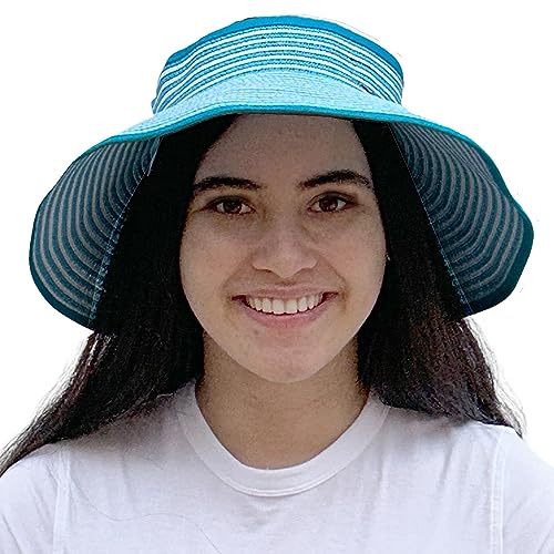 Silverfever Womens Summer Foldable Wide Brim Visor Hat W Bowtie Uv Sunblock Upf 50 - Foldable-Fits All (Turquoise Stripes) #TOP7