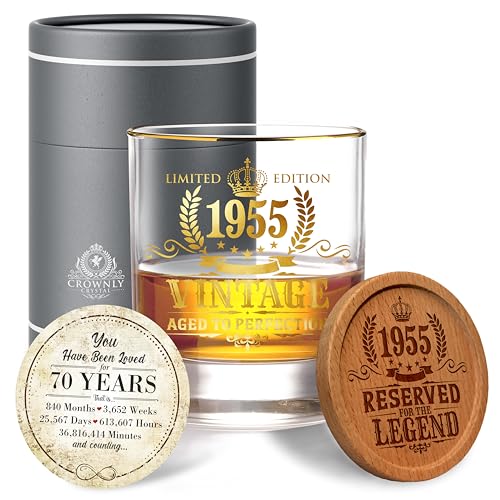 CROWNLY CRYSTAL® 1955 Regalo Hombre 70 Años Vaso Whisky Regalos Originales Para Hombre Regalos Personalizados Regalo Padre Regalos Para Abuelos Regalo Personalizado Hombre Regalos Para Hombre
