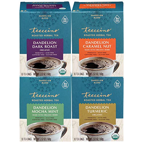 Teeccino Dandelion Tea Variety Pack - Dark Roast, Caramel Nut, Mocha Mint, Turmeric - Roasted Herbal Tea with Dandelion Root for Detox, Caffeine Free, Prebiotic, 10 Tea Bags (Pack of 4)