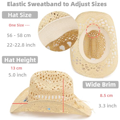Image of Straw Cowboy Hat, Western Cowgirl Hat, Wide Brim Sun Beach Hat for Men and Women