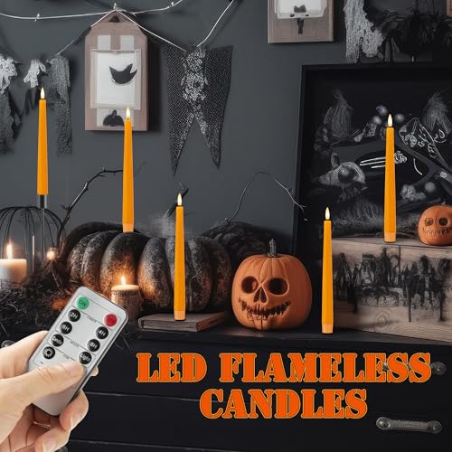 Image of Orange Flameless Taper Candles, 9.6 inch Halloween Battery Operated Candles with Remote, Real Wax Fall Led Candle, Flickering Flameless Candlesticks for Fall, Thanksgiving, Harvest, Halloween Decor, 3 Pcs
