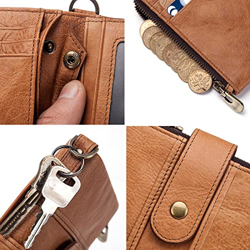 Image of boshiho Genuine Leather Bifold Chain Wallet for Men RFID Blocking | Heavy Duty Steel Anti-Theft Chain & 2 Zipper Coin Purse. Perfect for Bikers, Daily Commute, Gift for Dad /Husband