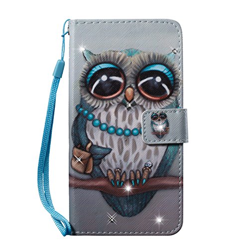EUWLY Lederhülle für Samsung Galaxy A3 2016 Diamant Bling Strass Hülle Glitzer Ledertasche Handytasche Flip Case Cover Brieftasche im Bookstyle Klapphülle Handyhülle Kartenfächer,Eule Cover
