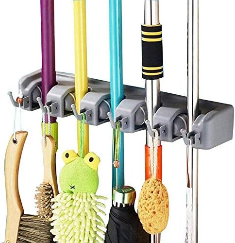 Bosszi Broom Holder & Mop Holder & Gardening Tools Organizer, Wall Mounted Storage Racks with 5 Positions and 6 Hooks Holds Up to 11 Tools Firmly As Rake, Broom, Mop Handles, etc.