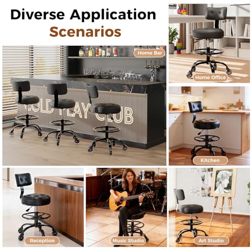 Image of Office Drafting Chair with Footrest, Tall Height Adjustable Stool with Back Support, Heavy Duty Rolling Stool Chair with Wheels for Office Home Kitchen Bar Shop Guitar Studio Vanity, Black