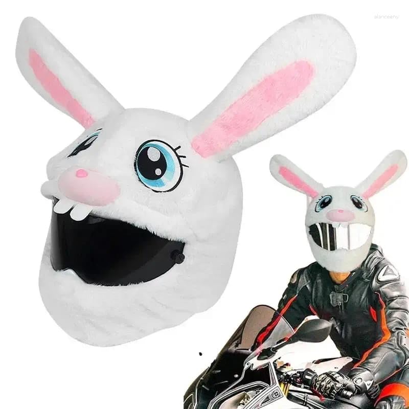 Image of Cute Plush Bunny Motorcycle Helmet Cover - Soft White Rabbit Helmet Skin with Long Ears, Funny Riding Gear Cover for Full-Face Helmets, Universal Fit for Men & Women Bike Riders