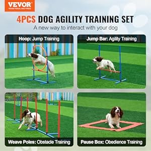 VEVOR Dog Agility Training Equipment, Dog Agility Course Backyard Set with Adjustable High Hurdles,Weave Poles,Jump Ring,Square Pause Box,Whistle,Foldable Bowl, Obstacle Course Kit with Storage Bag VEVOR Dog Agility Training Equipment Dog Agility Course Backyard Set with Adjustable High HurdlesWeave PolesJump RingSquare Pause BoxWhistleFoldable Bowl Obstacle Course Kit with Storage Bag