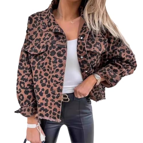 Chaqueta de mezclilla de leopardo para mujer, chaqueta de mezclilla con estampado de leopardo, chaqueta de mezclilla holgada recortada de manga larga con estampado de leopardo