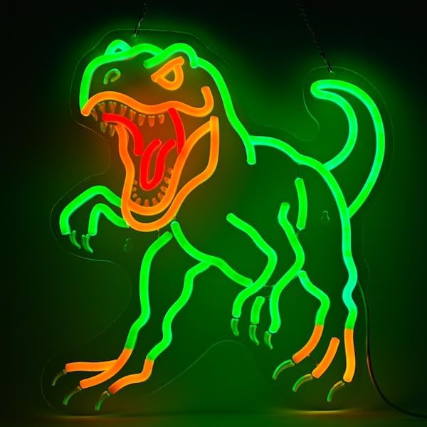 Dinosaur Neon Wall Sign - Dimmable T-Rex LED Light for Jurassic Party, Boys Bedroom, Halloween Decor, Spooky Gift for Teens, 14.5x13.6" USB Powered