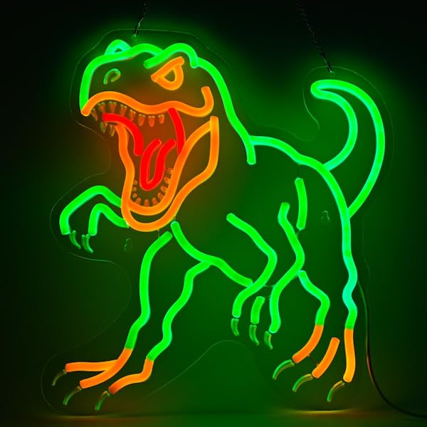 Image of Dinosaur Neon Wall Sign - Dimmable T-Rex LED Light for Jurassic Party, Boys Bedroom, Halloween Decor, Spooky Gift for Teens, 14.5x13.6 inch USB Powered