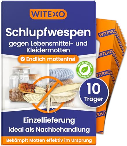 Witexo Schlupfwespen gegen Lebensmittelmotten und Kleidermotten - Einzellieferung mit 10 Trägerstreifen - Ergänzungskur - Alternative zu Mottenfalle