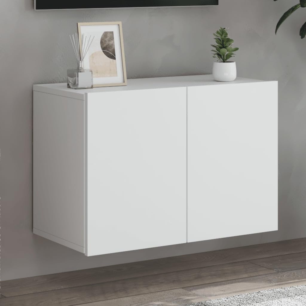 Szafka ścienna pod telewizor biała z materiału drewnopochodnego 60 x 30 x 41 cm, zajmuje mało miejsca i unosi się, z miejscem do przechowywania do salonu, sypialni, kina domowego, odbiornika