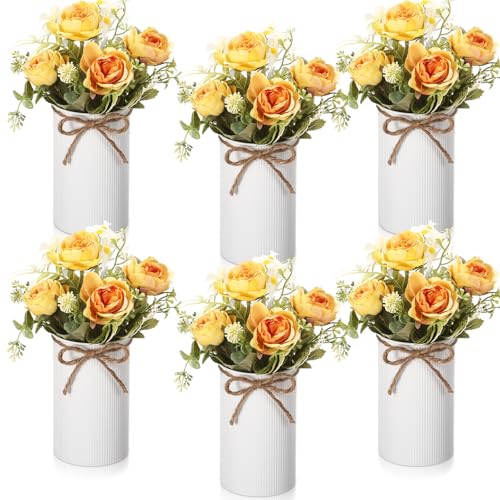 Domensi 6 Sets Wedding Centerpiece for Table Decoration Yellow Artificial Fake Rose Flower with Metal Vase Faux Silk Rose Bouquet Floral Arrangement for Bridal Shower Home Dining