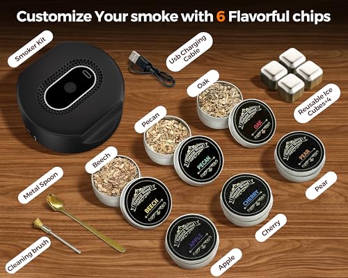 Electric Whiskey Smoker Kit with Lighter, 4 Reusable Ice Cubes, 6 Flavors Wood Chips,Cocktail Smoker Kit with USB Charging,Old Fashioned Smoker kit, Gifts for Men,Dad,Husband-Bar Sets